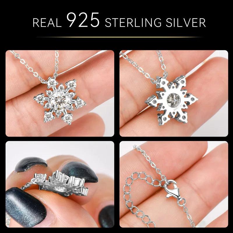 Round Cut Moissanite Snowflake Pendant Necklaces for Women Solid 925 Sterling Silver Chains Wedding Jewelry Gift Collar