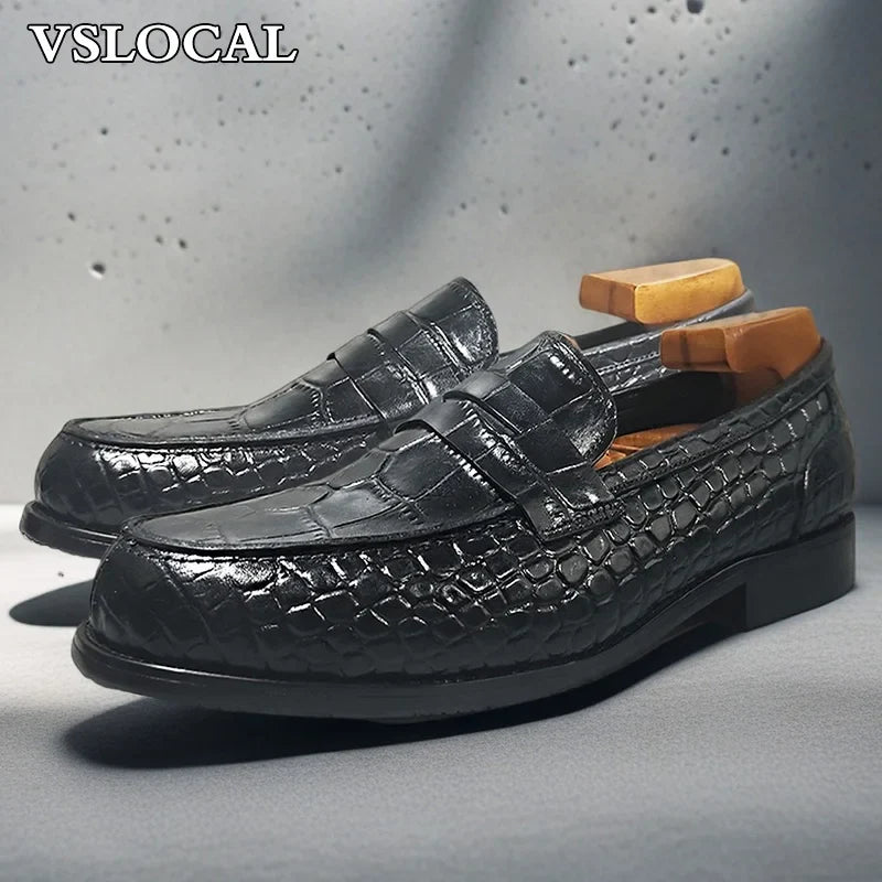 Luxury Brand Men Leather Shoes Black Slip On Croco Prints Casual Mens Dress Shoes Wedding Office Banquet Loafers For Men