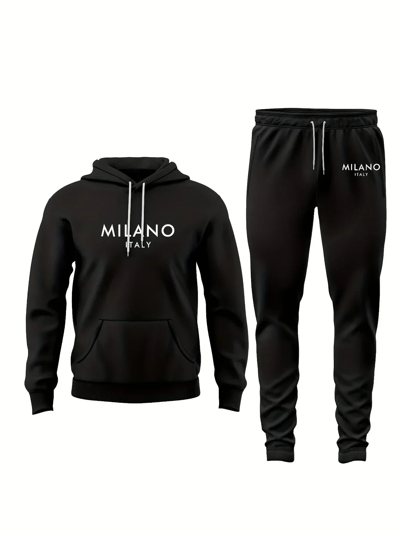 Men's Autumn/Winter Casual Warm MILANO ITALY Letter Printed Loose Thick Velvet Sports Hoodie+Sweatpants Set