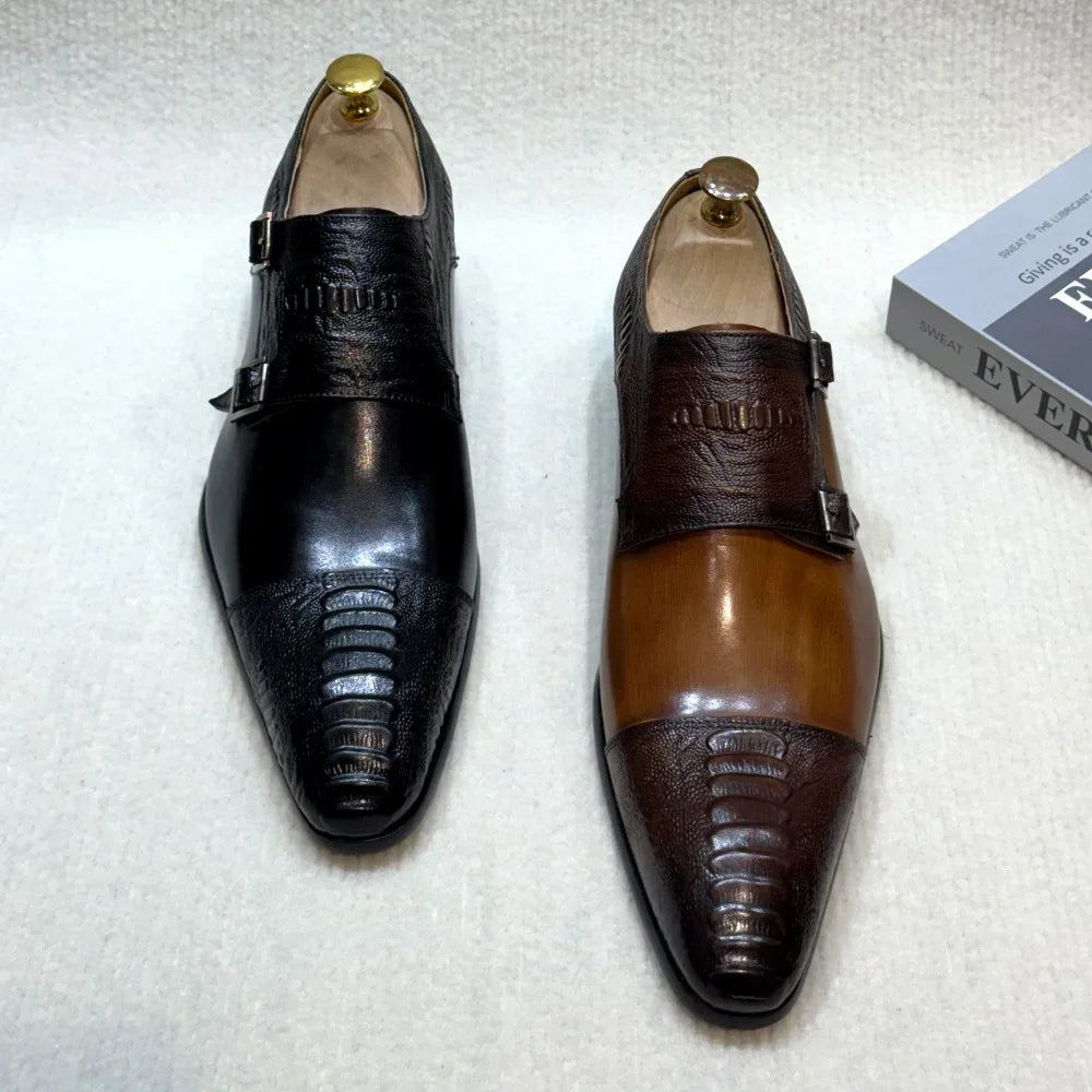 Men's Handmade Brown Monk Shoes Double Buckle Genuine Cow Leather Luxury Wedding Business Formal Basic Men's Footwear