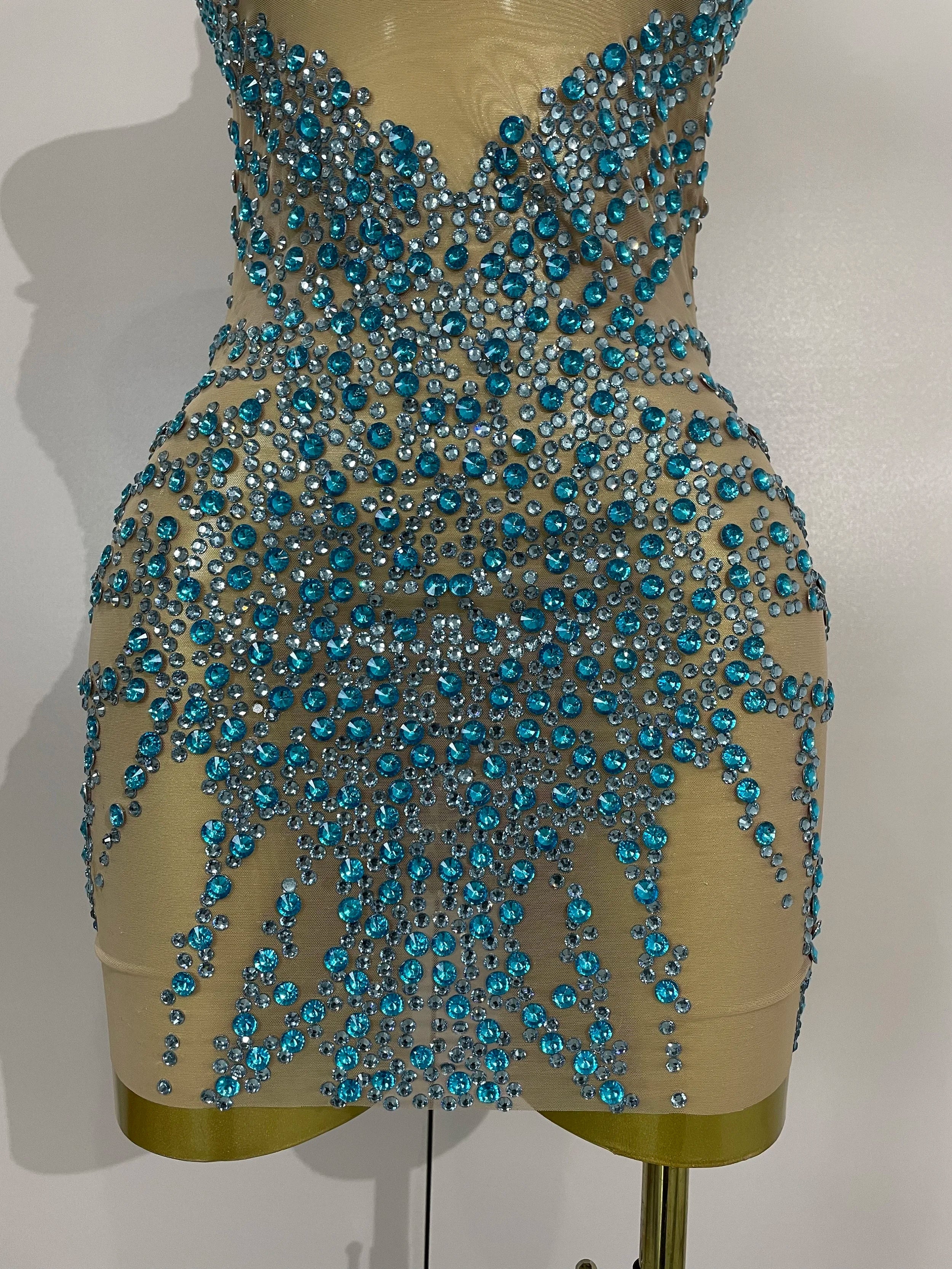 Sparkly Rhinestones Sexy Mesh See Through Dress Party Evening Prom Celebrate Birthday Dress Singer Dancer Show Stage Wear