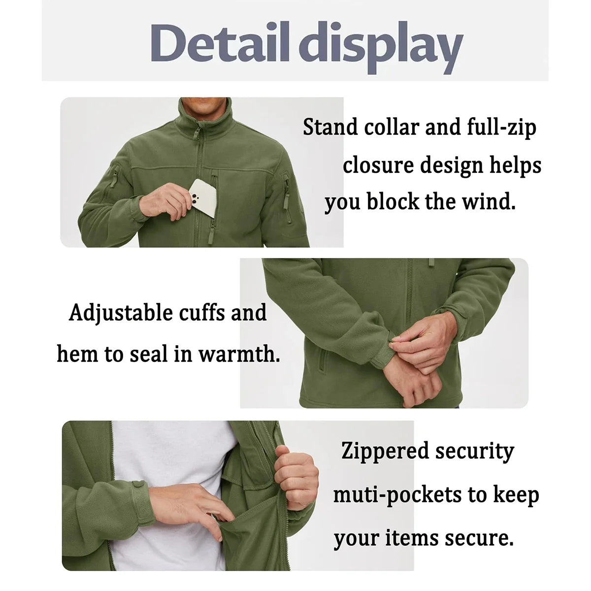 Men's Fleece Jacket Soft Warmth Windproof Full Zip Up Coat Multiple Zipper Pockets Hiking Working Outdoors Windbreaker