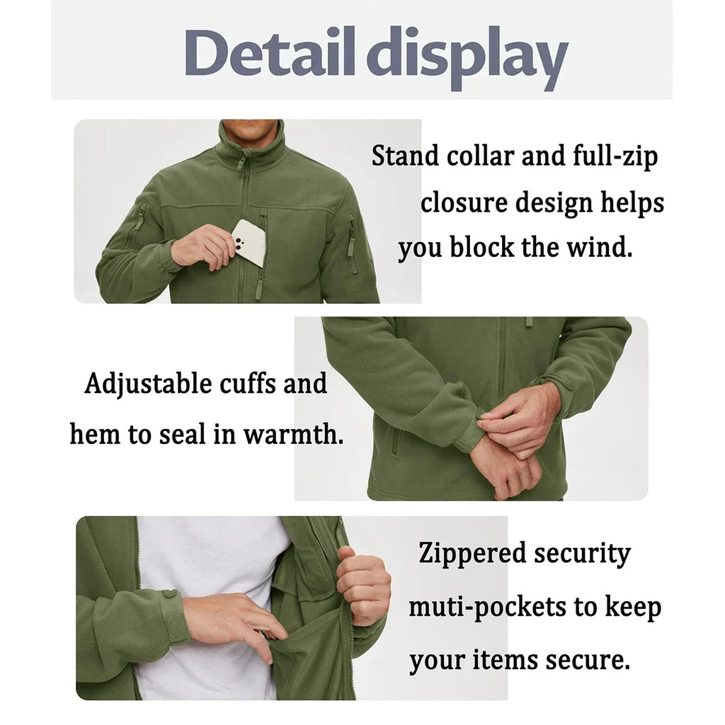 Men's Fleece Jacket Soft Warmth Windproof Full Zip Up Coat Multiple Zipper Pockets Hiking Working Outdoors Windbreaker