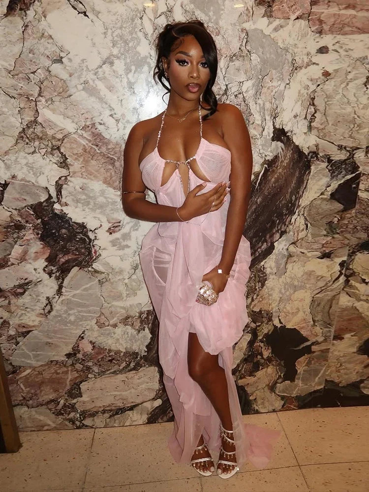 Prom Party Gown Dress Woman Sexy See Through Luxury Chain Halter Low-Neck Backless Sleeveless Midnight Elegant Vestidos