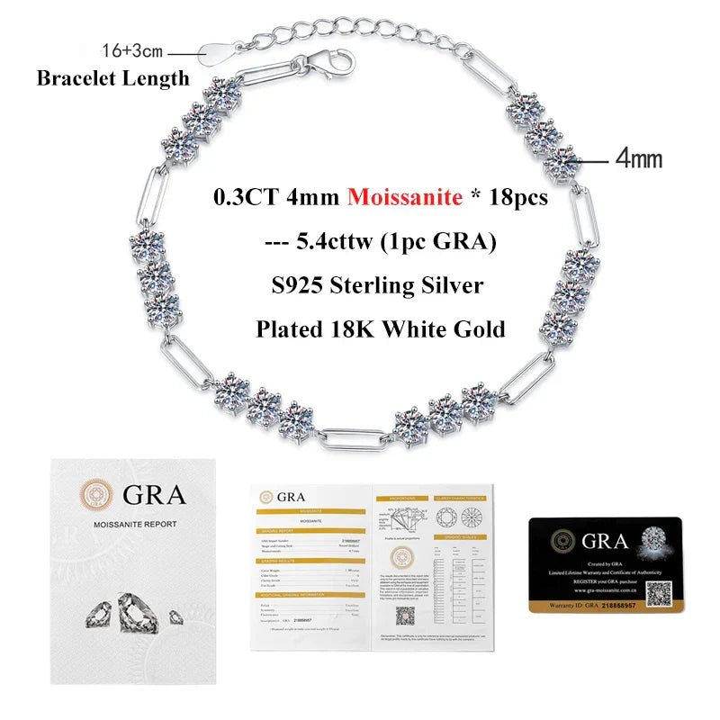 4mm 0.3CT D Color Round  Moissanite Diamond Link Bracelet for Woman Man 925 Silver Adjustable 16cm Chain Bracelets GRA Gift