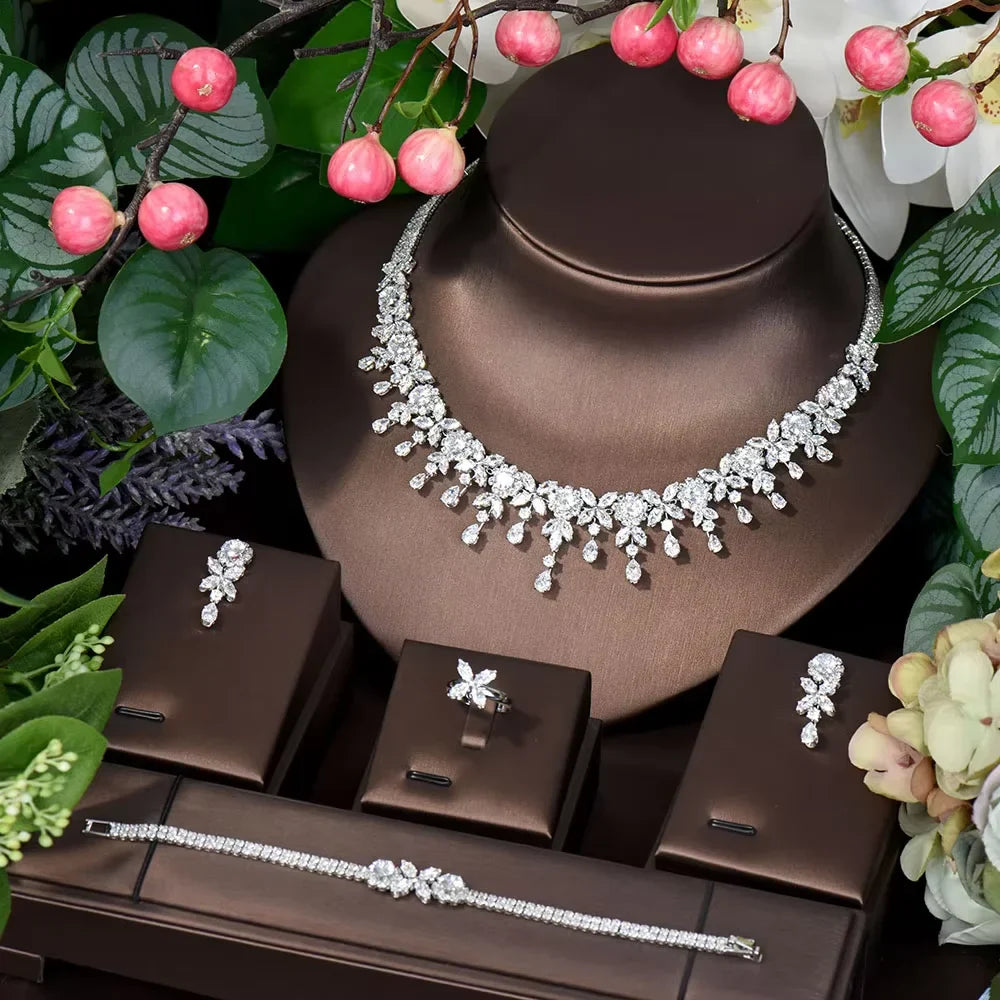 Leaf Water Drop 4pcs Necklace Pendant Set for Women Cubic Zirconia Dubia Nigeria Bridal Wedding Jewelry Set Bijoux S-351