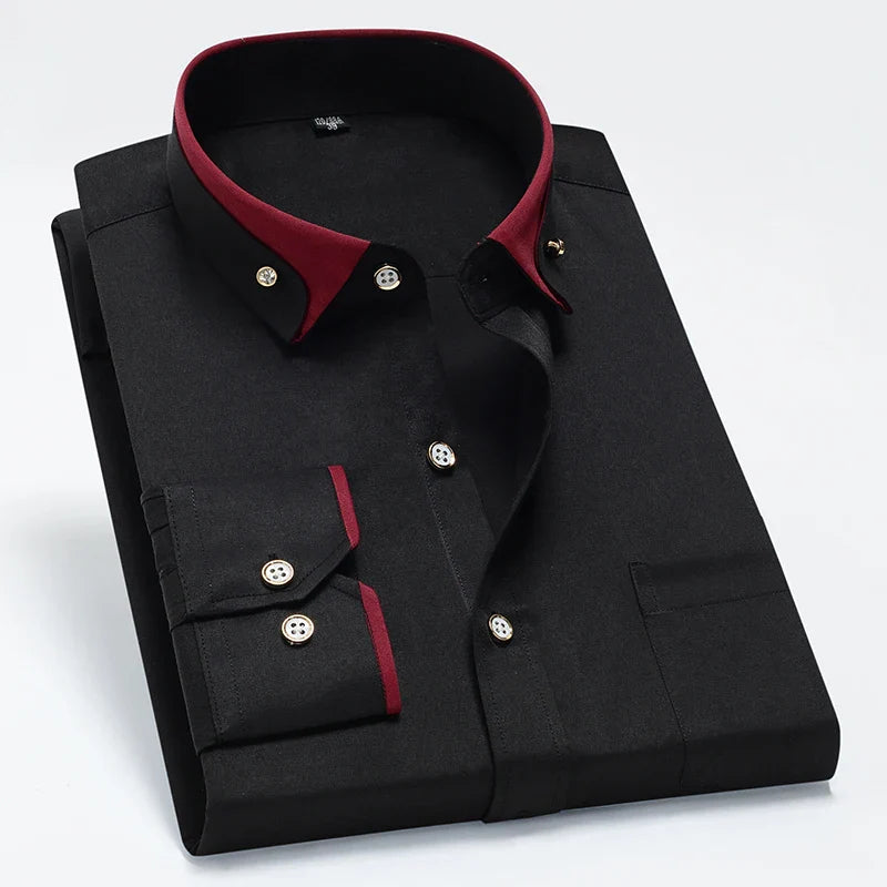 Hot Sale Men's Business Dress Shirts long Sleeve Contrast Collar Social Camisa With Diamond Anti-wrinkle Button Down Black Blue