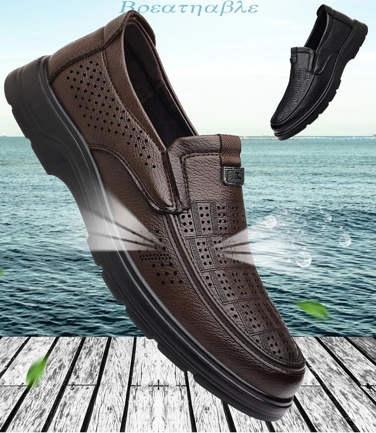 Men's Summer Breathable Leather Loafers Brown Hollow Out Slip-On Shoes Male Thick Sole Comfortable Non-slip Work Shoes for Man