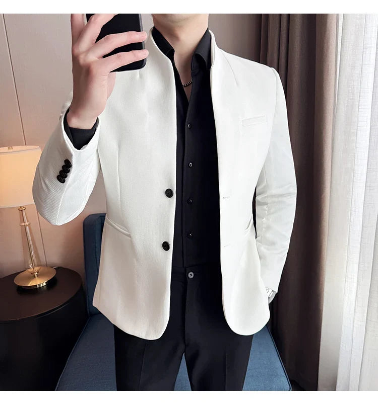 Waffle New Chinese Stand-Up Collar Suit Coats Men Slim Fit Business Casual Fashion Suits Jacket Formal Social Prom Party Tuxedos