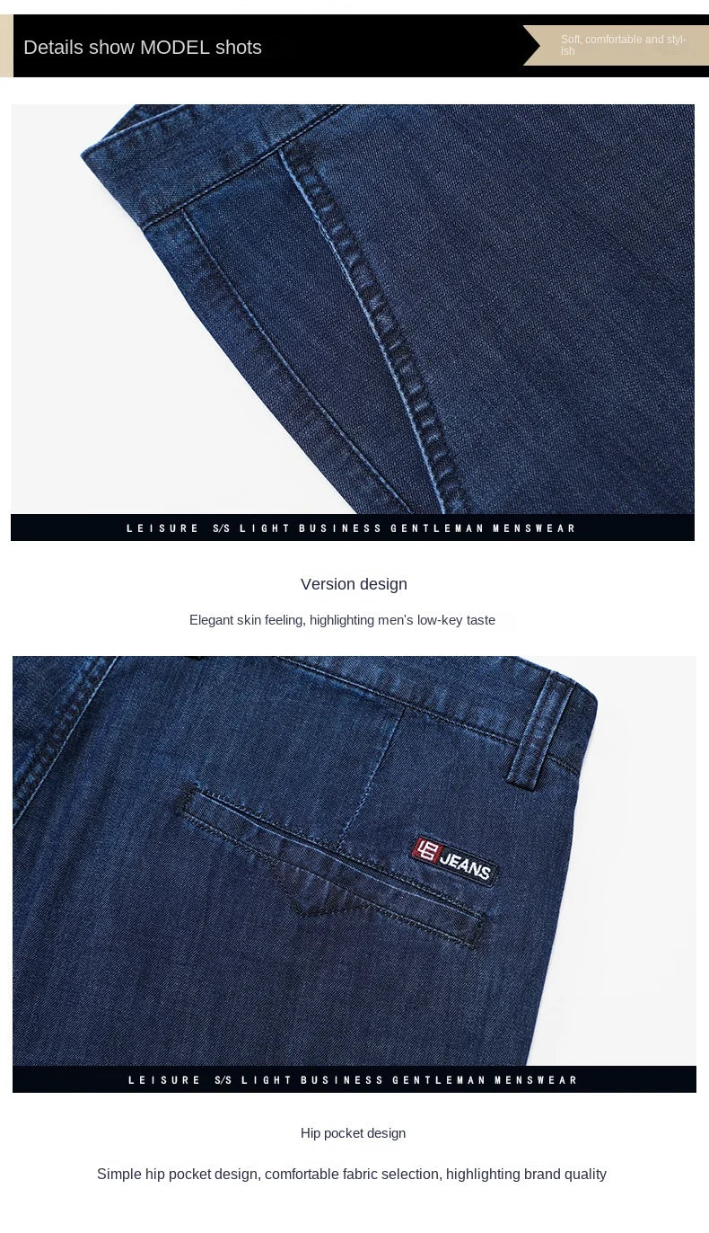 2026 Thin Stretch Denim Business Casual High Waist  High Lyocell  Men's Fit Straight Lightweight Cotton  Light Grey Jeans