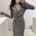 Chic V-ne Knitted Wrap Waist Slimming Mid-length A-line Dr Women's Sweater Dr Korean Sle High Waist Long Sve