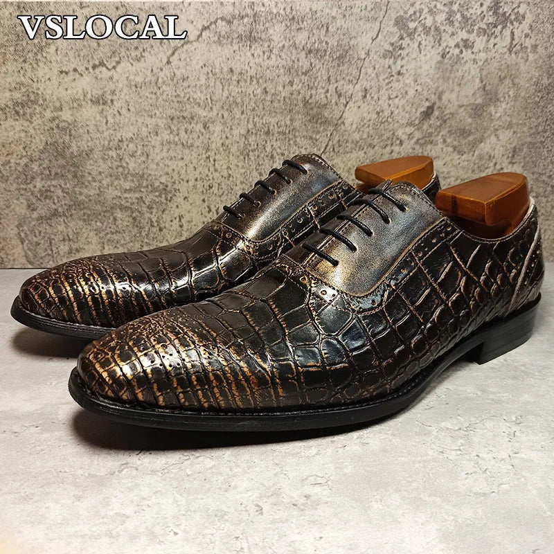 Luxury Brand Men Oxford Shoes Lace-up Crocodile Print Casual Men Classic Dress Shoes Banquet Party Leather Shoes For Men