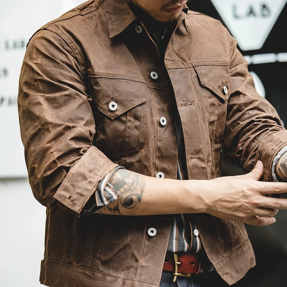 Amekaji Retro Male Oil Waxed Jacket Canvas Cotton Khaki Military Uniform Light Casual Work Safari Style Coats Man Clothing