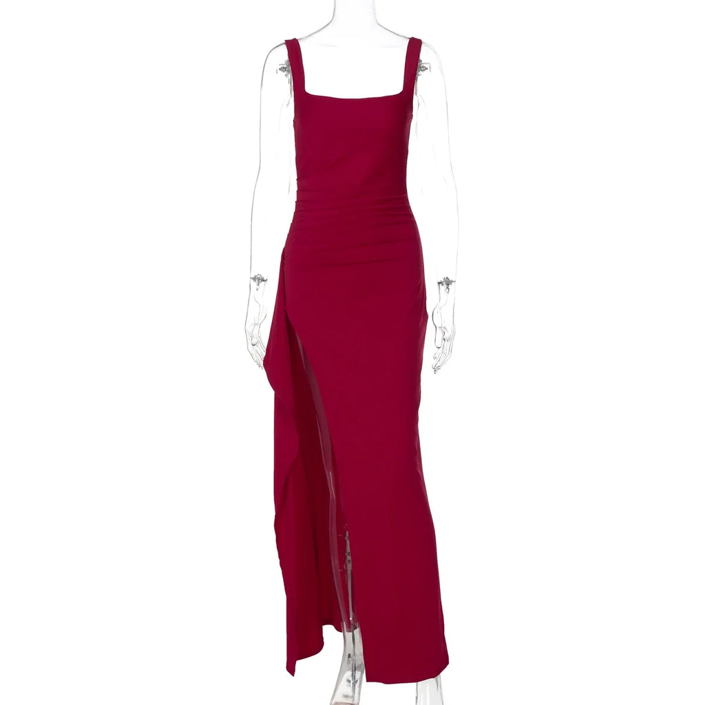 Women Elegant Solid Straps Slit Ruched Patchwork Sexy Bodycon Maxi Dress Summer Outfits Evening Party Birthday Festival