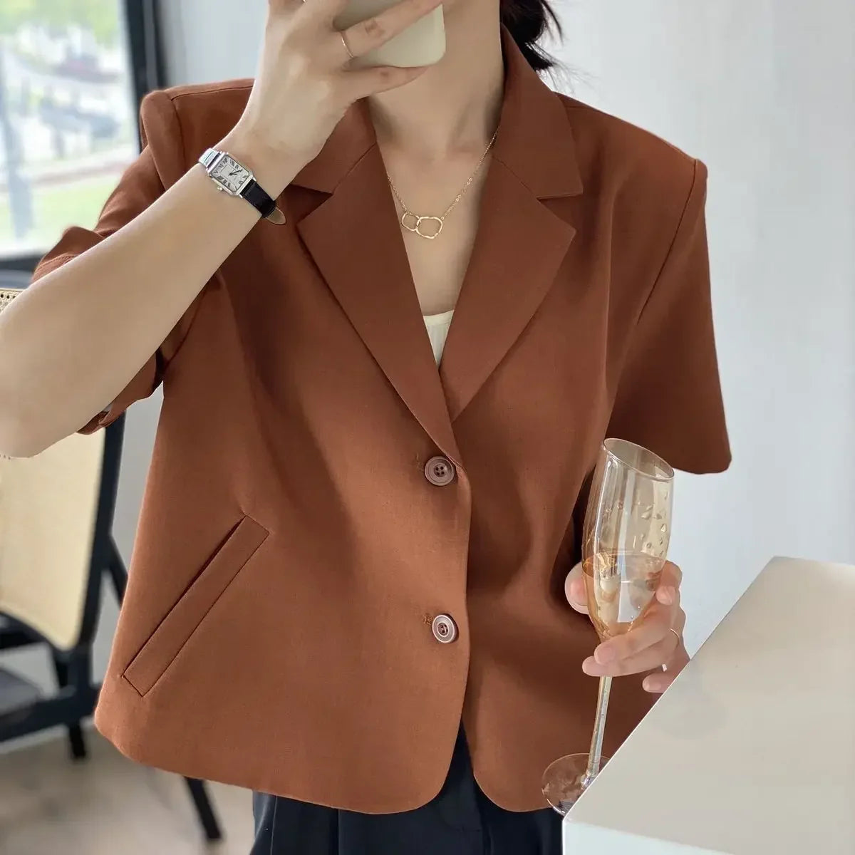 Short-sleeve Blazers Women Temperament Outwear Summer Baggy Office Lady Chic Simple All-match Streetwear Fashion Notched Classic