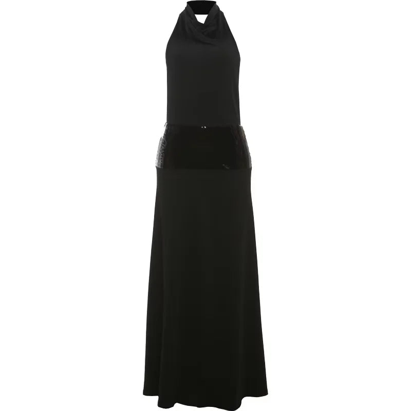 Backless Fashion Dresses Elegant Halter Patchwork Draped Maxi Bodycon Female Solid Simple Evening Party Frock New