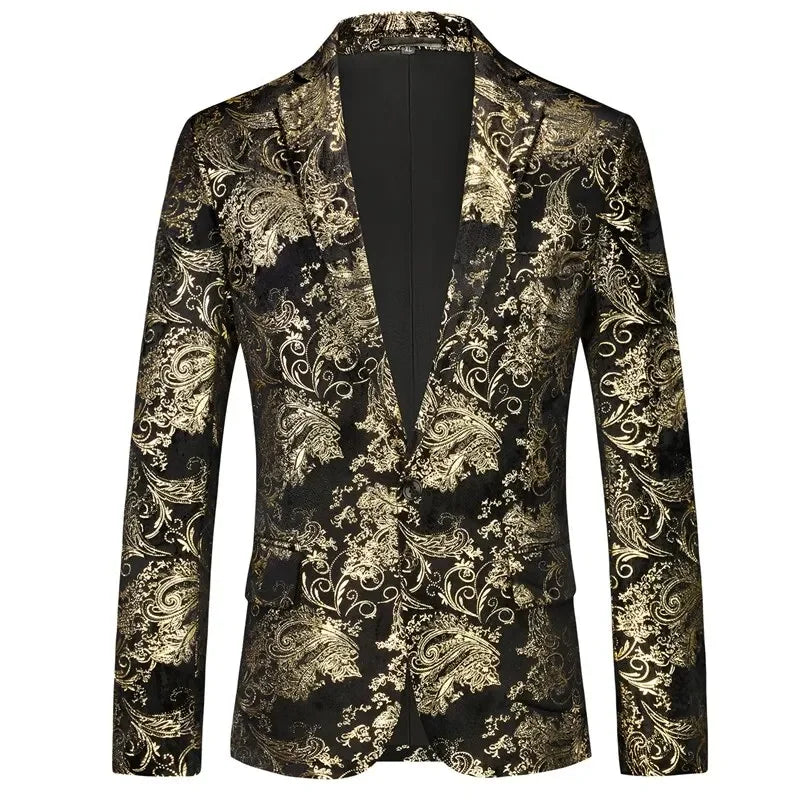New Men Luxury Velvet Suit Foil Stamped Printed Jacket , Fashion Male Business Social Wedding Prom Party Dress Slim Fit Blazers