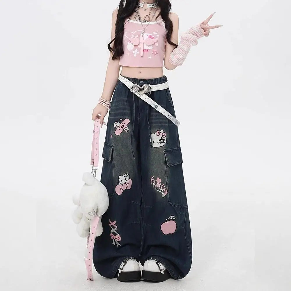 بنطلون أنمي واسع الساقين فضفاض Hello Kitty Sanrios Y2K