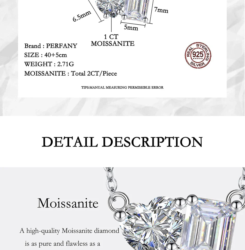 Radiant Emerald Cut 2CT Moissanite Necklace for Women S925 Pure Silver Heart Diamond Pendant Fashion Wedding Jewelry