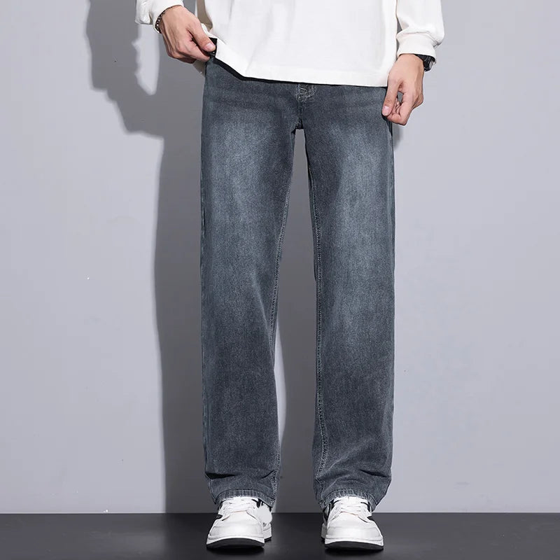 New Men's Micro Elastic Wide Leg Jeans American Retro Versatile Loose Fit Long Pants for All Seasons