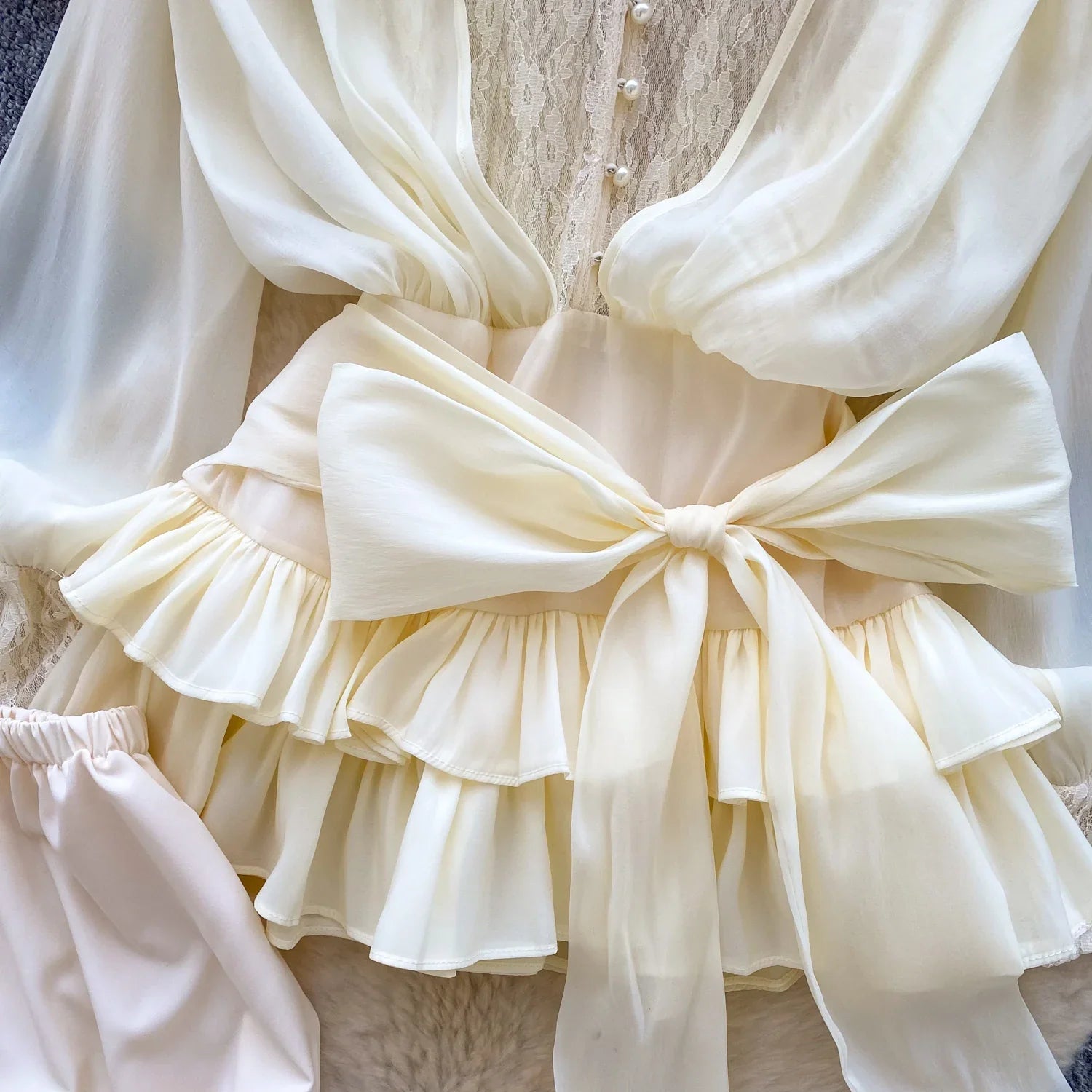 Fairycore Lace Chiffon Dresses With Stretch Shorts Pearl Button Bow Female Ruffles Sheer Seaside Holiday Mini Dress