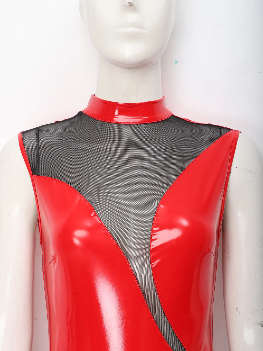Womens Patent Leather Bodysuit Jumpsuit Sleeveless Invisible Zipper Back Mesh Patchwork Shiny Leotard for Disco Party Clubwear