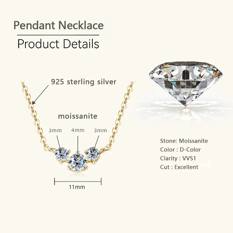3mm 4mm Moissanite Necklace Collares Mujer 925 Sterling Silver Three Stone Pendant Necklaces For Women Chains Jewelry Gift