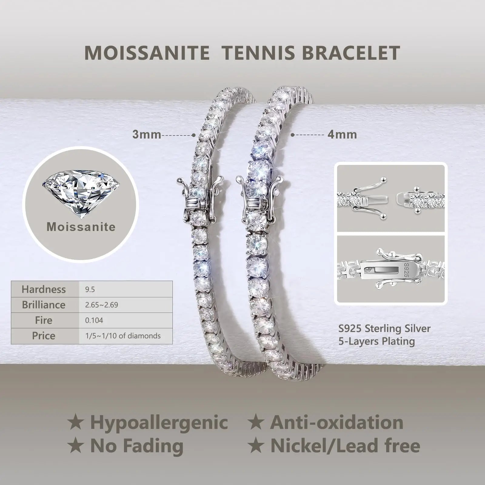 Dainty Full Moissanite Tennis Bracelet 18k Gold Plated 925 Sterling Silver D Color Lab Created Diamond Bracelet for Women Men