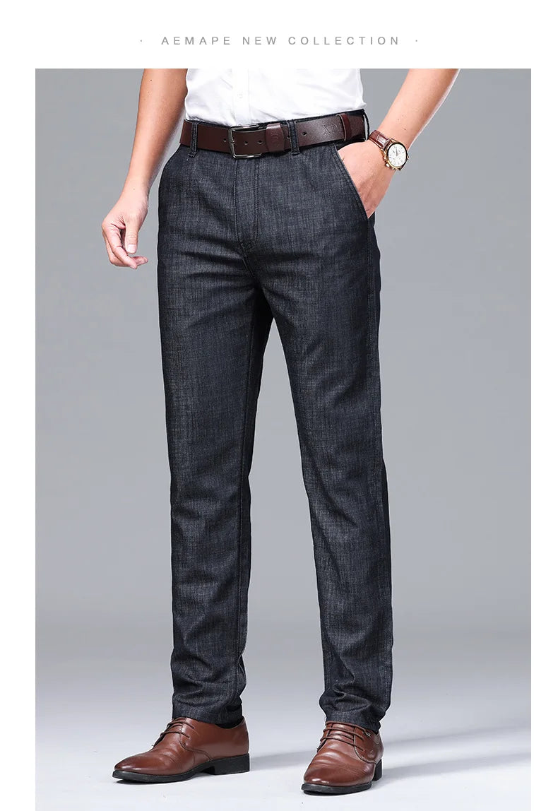 Modal Fabric Spring Summer Men's Black Thin Straight Jeans Classic Style Business Fashion Stretch Loose Jeans Male Brand