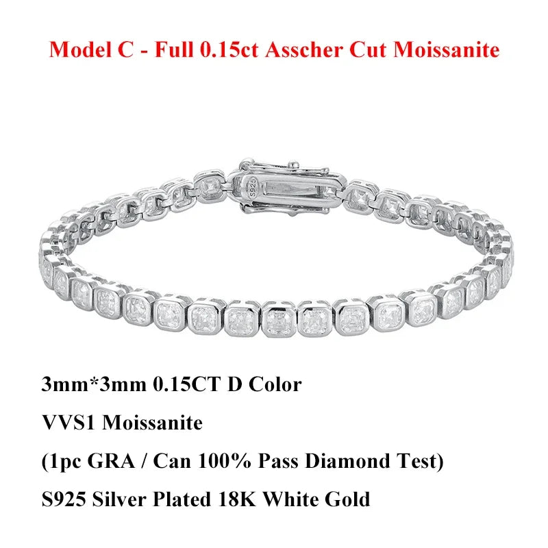 Full Asscher Cut 3x3mm 0.15CT Bezel Type Moissanite Tennis Bracelet for Women Men Party 925 Silver GRA Certified Bracelets