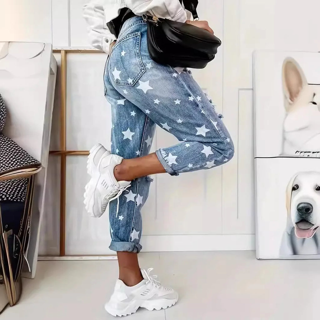 Jeans Denim Holes Ripped Washed Jean Ankle Length Straight Pants Women Spliced Pockets Loose Fit Casual 2025 Distressed