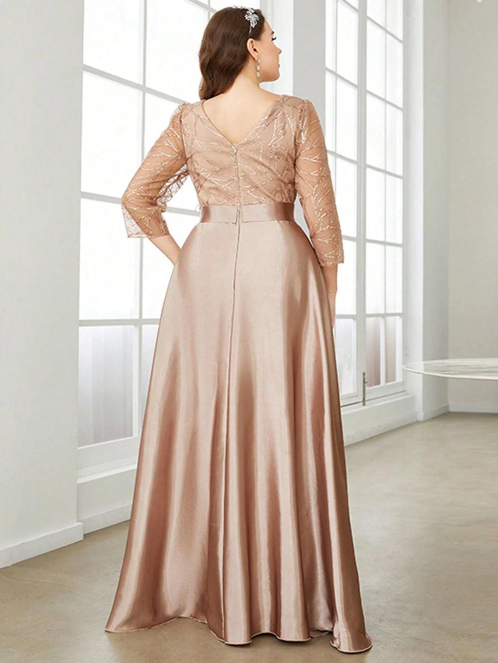 Crew neck long sleeve sequin patchwork satin long gown ball dress