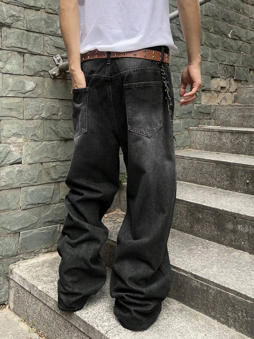 1Pc Men's Daily Travel Casual American Street Loose Jeans, Black, Light Blue, Sea Blue Fashion Street Style Retro Lantern Jeans Jeans Denim Pants