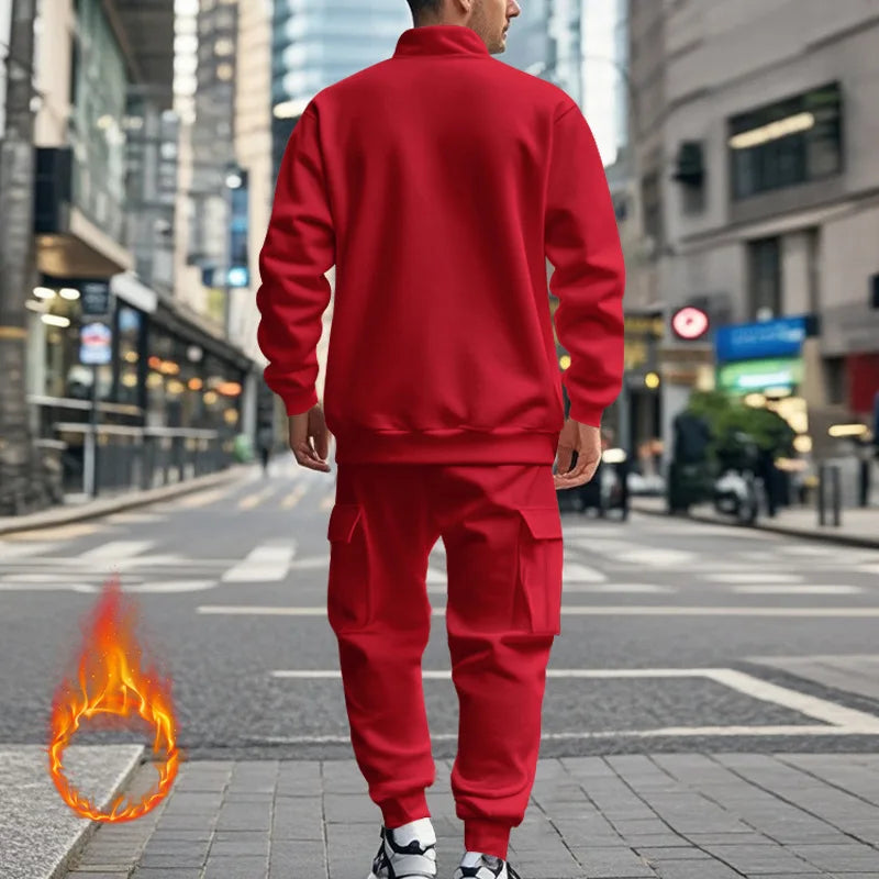 2024 autumn and winter men's casual velvet warm zipper sports trousers set