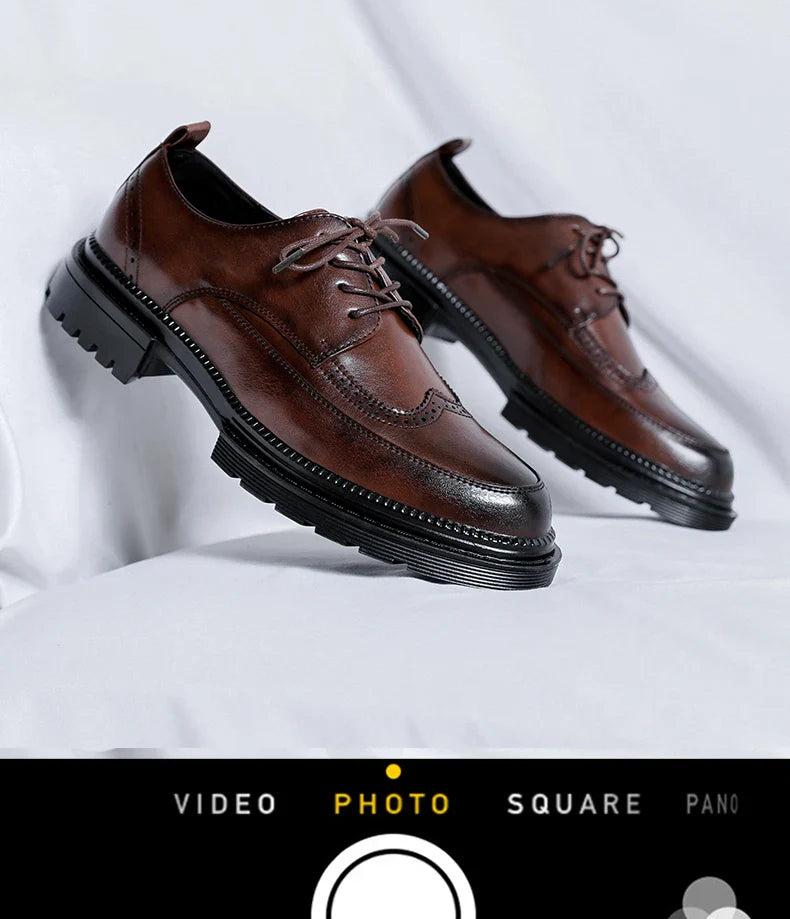 Men Korea Leather Platform Oxfords Slip on Thick Tottom for Male Derby Shoes Casual Loafers Mens Square Toe Formal Dress Shoes