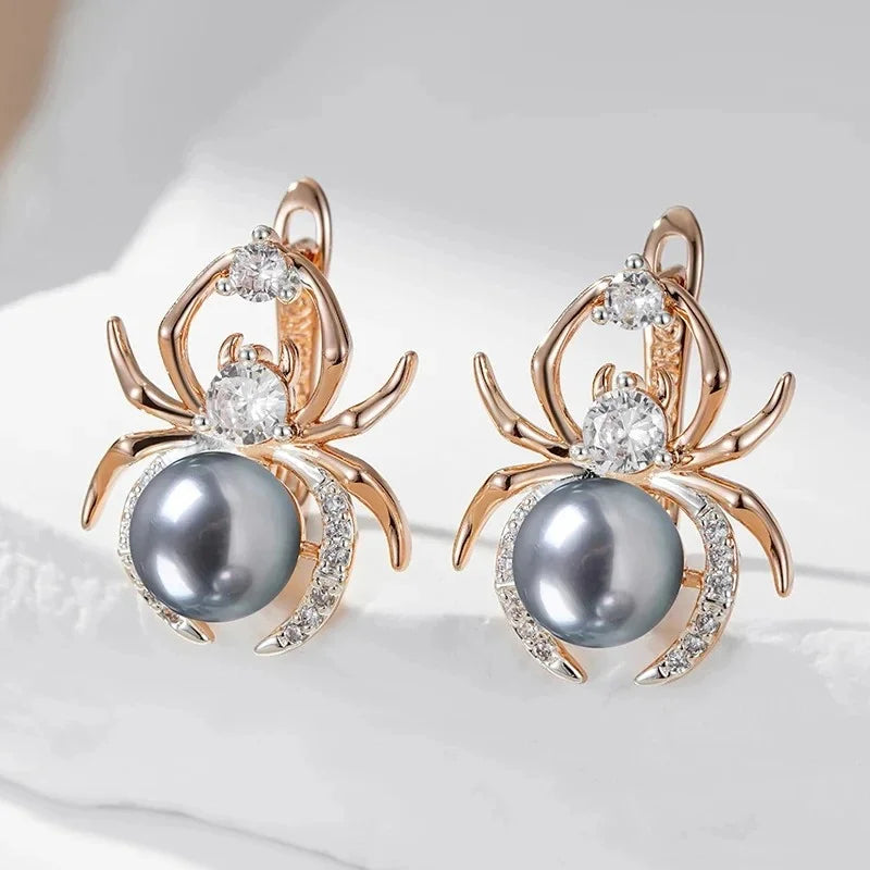 Hot Gray Pearl Animal jewelry Set for Women Spider Earrings Necklace and Ring 585 Rose Gold Silver Color Mix Retro Jewelry