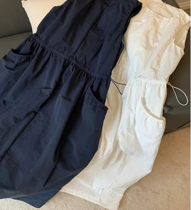 Loose Casual Women's Dr Summer 2026 New Korean Sle Dstring Waistl Svel Vest Skirt A-Line Midi round Ne