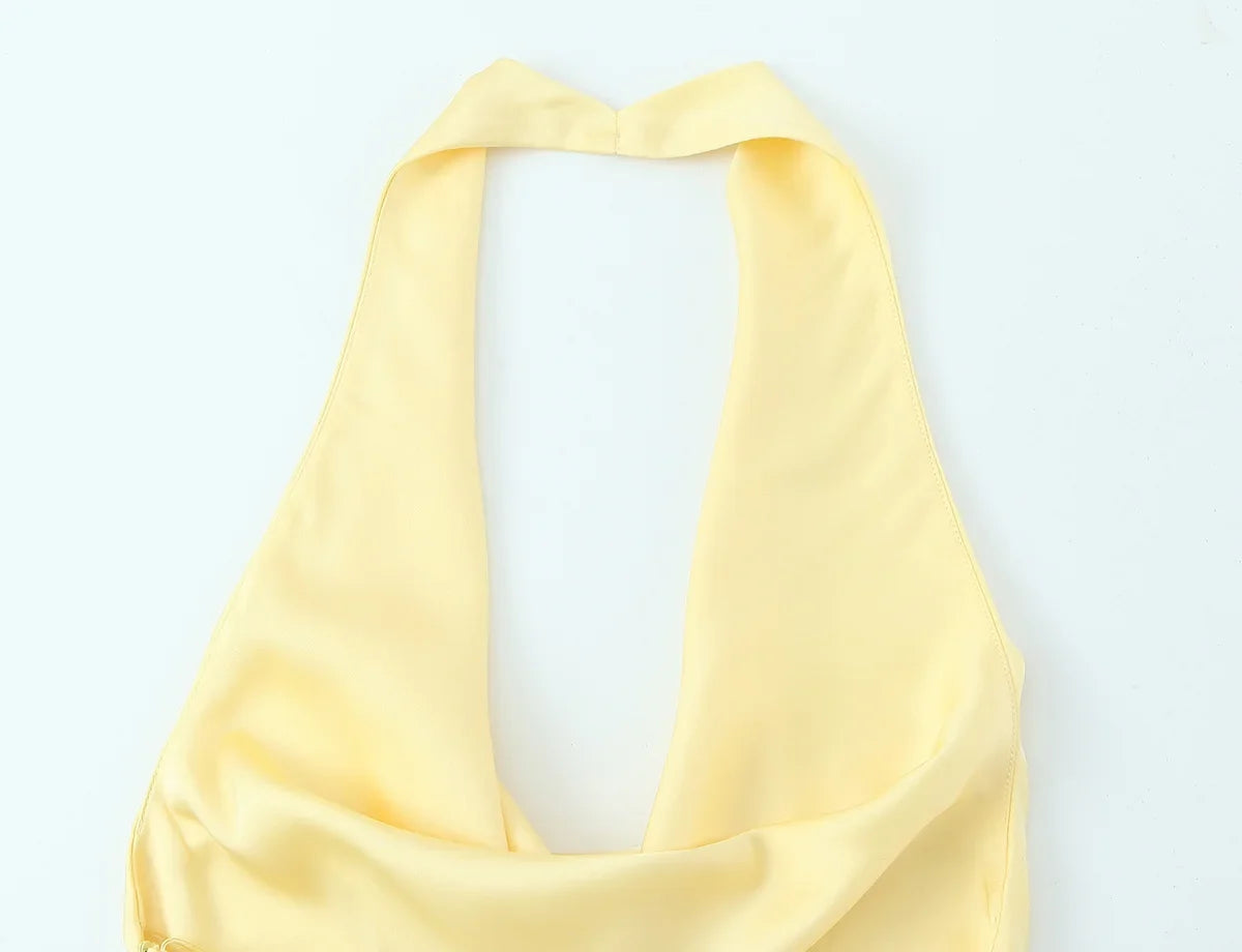 Chic Sexy 2026 Women Mini Dress Fashion Summer Asymmetric Neck-mounted Mini Dress Lace Yellow Sleeveless Female Vestidos