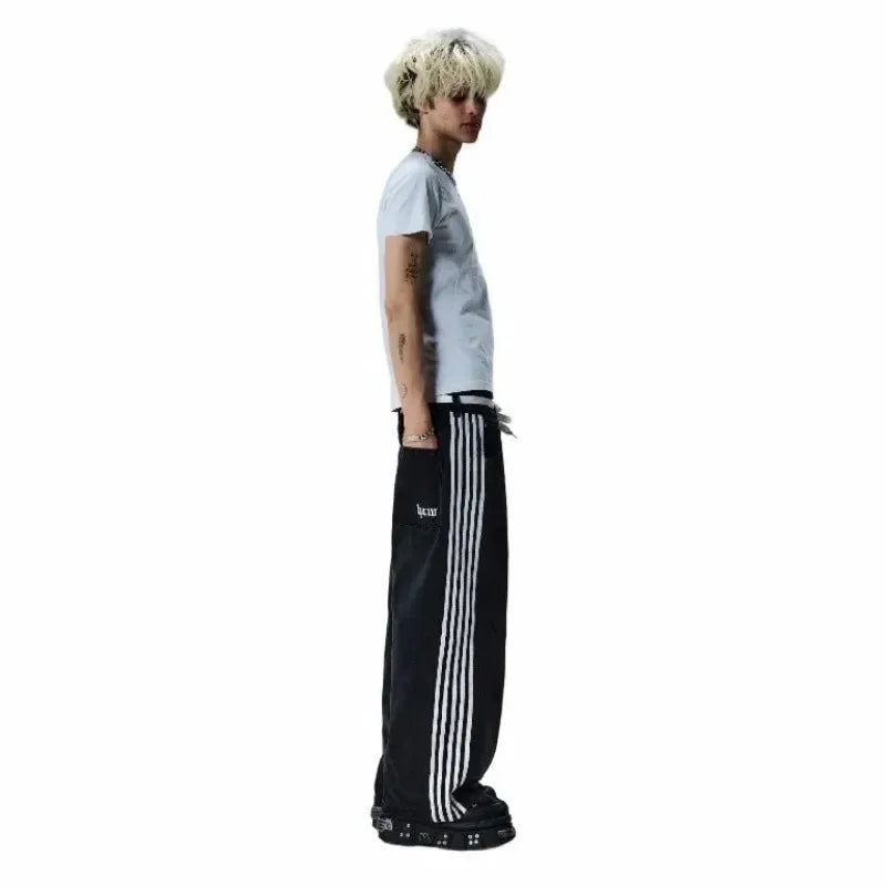 American Harajuku Style Baggy Jeans Y2K Streetwear Striped Denim Pant Men Women Casual Wide Leg Trousers Trendy High Street Pant