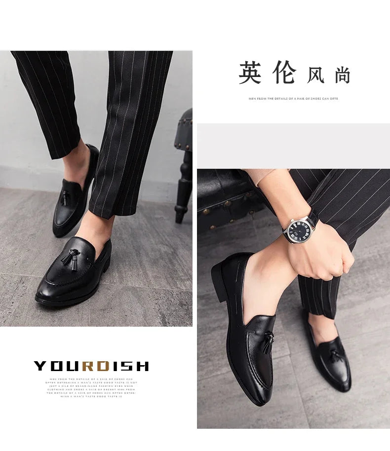 2025 New Men Leather Shoes Pointed Toe Formal Dress Shoes Slip On Men Loafer Tassel Shoe Zapatos Hombre
