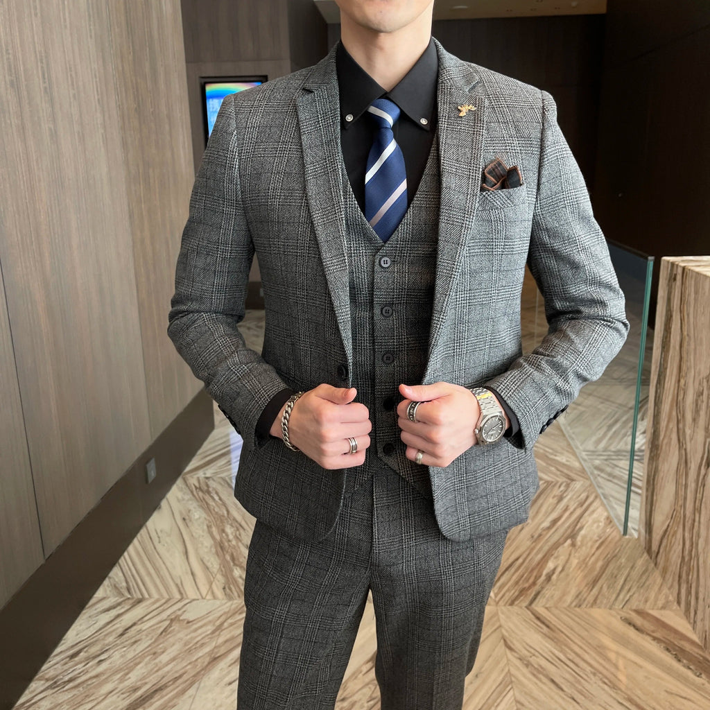 British Modified Plaid Three-Piece Suit for Men - Stylish Business Casual Suit Vest And Trousers Set
