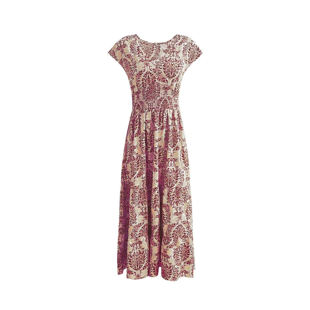 2026 Vintage Printed Dress Fashionable and Elegant V-Neck Short-Sleeved Jumpsuit Long Skirt Women's Clothing