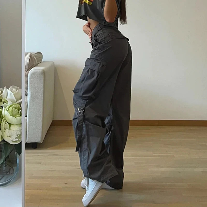 Streetwear Basic Buckle Cargo Pants Women Solid Straight Leg Big Pockets