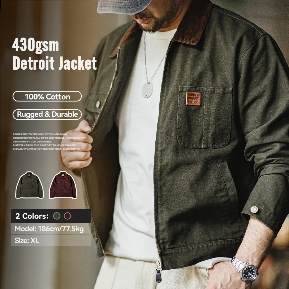 Retro Heavyweight Canvas Detroit Jacket Corduroy Collar Hunting Short Zip-Up Jacket with Pockets Men's Autumn Outerwear
