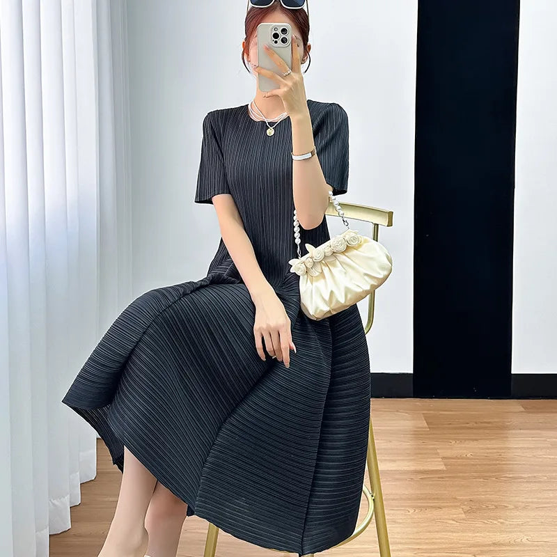 Y2k Pleated Women's Dress Bubble Short-sleeved Loose Slim Thin Medium-length Dresses for Women 2024 Summer New