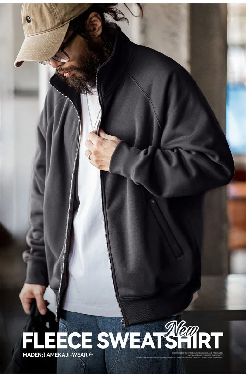 Casual Polar Fleece Cardigan Sweatshirt Stand-up Collar Sports Zipper Jacket Warm Versatile Coat for Men's Fall and Winter