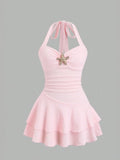 White Halter Neck Mini Dress Women's Ruffled Starfish Embellished Summer Casual Evening Gown
