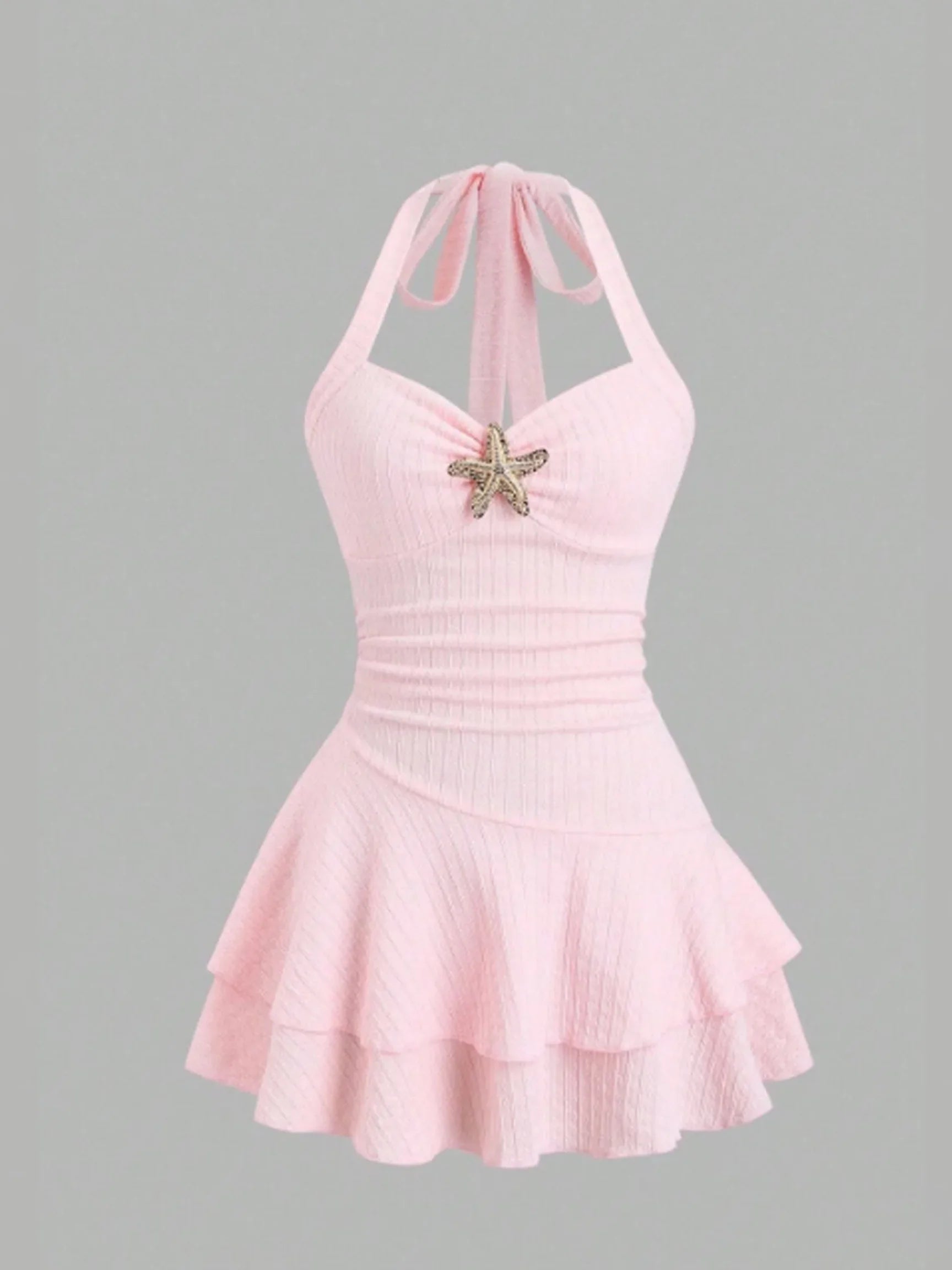 White Halter Neck Mini Dress Women's Ruffled Starfish Embellished Summer Casual Evening Gown