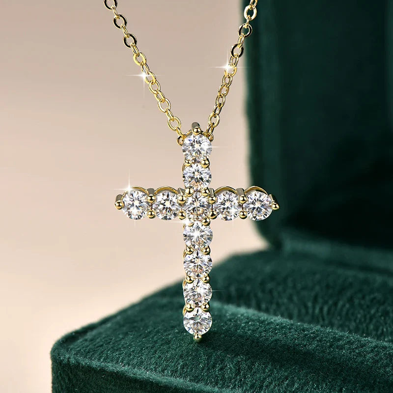 14K Gold Filled Cross Pendant Necklace Certified 3.5MM Full Moissanite Necklaces for Women Lab Diamond Vintage Jewelry