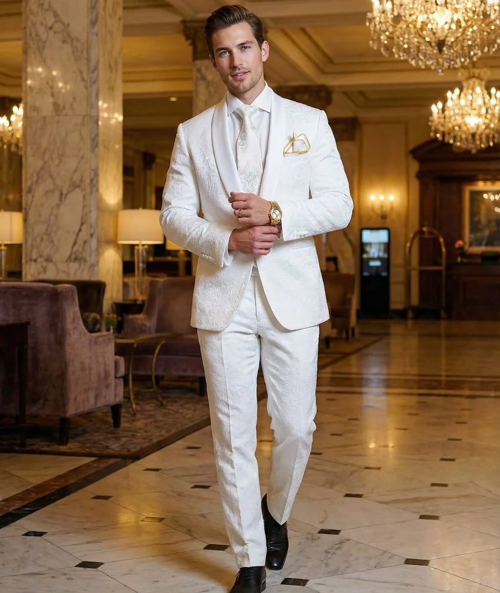Groomsmen White Pattern Groom Tuxedos Shawl Satin Lapel Men Suits 2 Pieces Wedding Bridegroom